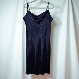 Bebe Slip‎ Dress Large Navy Blue Satin Cowl Neck Sleeveless Midi Camisole Y2K